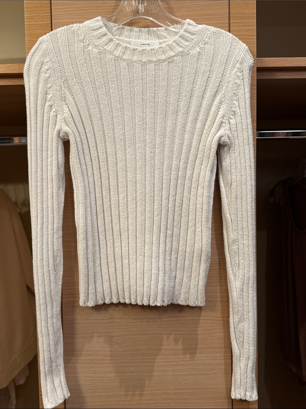 Vince Cream Ribbed Long-Sleeve Crewneck Sweater
